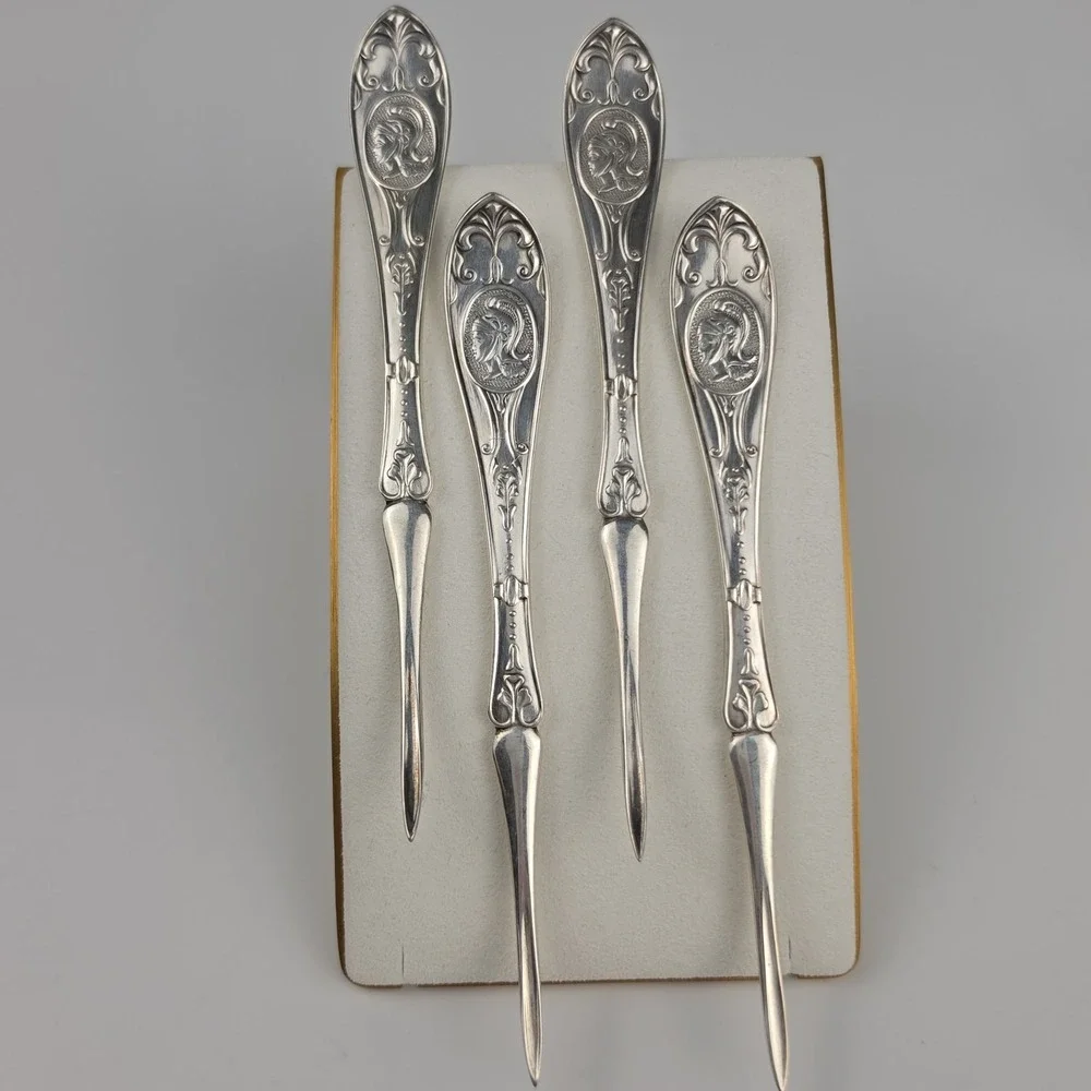 Antique Silver Nut Picks Set of 4 Helmeted Medallion Roman Warrior Design